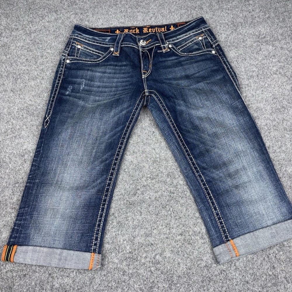 Rock Revival Stephanie Boot Capri Jeans Womens 30 Blue Mid Rise Stretch Denim